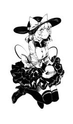 Rule 34 | 1girl, ankle boots, black thighhighs, blush, boots, bow, closed mouth, collared shirt, full body, greyscale, hat, hat bow, high heel boots, high heels, highres, holding, jumping, komeiji koishi, layered skirt, long sleeves, looking at viewer, monochrome, ruukii drift, shirt, short hair, skirt, smile, solo, thighhighs, third eye, touhou