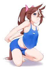Rule 34 | 1girl, absurdres, animal ears, bike shorts, blue eyes, blue tank top, blush, breasts, brown hair, commentary request, crop top, crop top overhang, groin, hair between eyes, hair flaps, high ponytail, highres, horse ears, horse girl, horse tail, long hair, multicolored hair, see-through silhouette, shadow, simple background, small breasts, solo, squatting, streaked hair, stretching, tail, tank top, thighs, tokai teio (umamusume), two-tone hair, umamusume, white background, white hair, wo chi xiangjiao pi