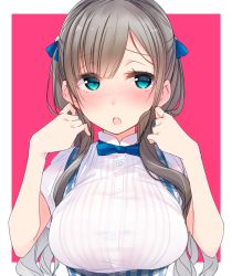 Rule 34 | 1girl, blue bow, blue eyes, blunt bangs, blush, bow, breasts, brown hair, dress shirt, embarrassed, fang, hair bow, hands in hair, hands up, large breasts, long hair, looking at viewer, nekoume, original, parted lips, pink background, shirt, short sleeves, simple background, solo, twintails, upper body, white shirt