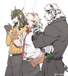Rule 34 | 3boys, absurdres, alternate costume, animal ears, arknights, bara, cigarette, collared shirt, facial hair, furry, furry male, goatee, highres, hung (arknights), ju neng binggui, lee (arknights), long hair, looking at viewer, male focus, mountain (arknights), multiple boys, muscular, muscular male, pants, scar, scar across eye, shirt, short hair, thick eyebrows, tiger boy, tiger ears, watch, white fur, white hair, wristwatch