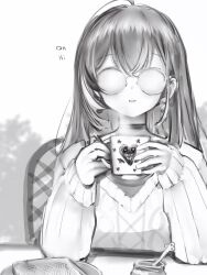 Rule 34 | 1girl, absurdres, ahoge, berry, black choker, bread slice, chair, choker, cup, earrings, english text, facing viewer, fogged glasses, food, food-themed earrings, garden, glasses, greyscale, highres, holding, holding cup, hololive, hololive english, jewelry, long hair, monochrome, multicolored hair, nanashi (nlo), nanashi mumei, nanashi mumei (casual), necklace, official alternate costume, plate, pov, round eyewear, shirt, sitting, sleeves past wrists, smile, steam, streaked hair, sweater, toast, virtual youtuber, white sweater