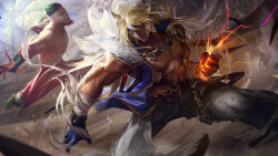 Rule 34 | 2boys, absurdres, animal ears, belt, blonde hair, blue jacket, blue skin, brown belt, chain, character request, collarbone, colored skin, fighting, fur-trimmed jacket, fur trim, grey pants, highres, jacket, league of legends, lee sin, long hair, multiple boys, muscular, muscular male, open clothes, open jacket, outdoors, pants, parted lips, red skin, sett (league of legends), short hair, soul fighter sett, stadium, teeth, wutu (1183238220), yellow eyes