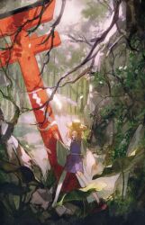 Rule 34 | 1girl, absurdres, belt, blonde hair, blue dress, branch, closed mouth, cui (jidanhaidaitang), day, dress, falling petals, forest, hair over one eye, hair ribbon, hand up, hat, highres, leaf, light particles, long sleeves, looking at viewer, lotus leaf, moriya suwako, nature, outdoors, painterly, petals, red ribbon, ribbon, rock, sleeveless, sleeveless dress, solo, standing, straw hat, sunlight, thighhighs, torii, touhou, white belt, white sleeves, white thighhighs, wide sleeves, yellow eyes