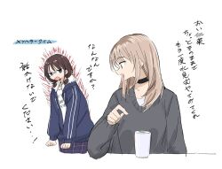 Rule 34 | 2girls, black choker, blue eyes, blue jacket, brown hair, choker, commentary, cup, earclip, girls band cry, grey eyes, grey sweater, hashtag-only commentary, highres, hood, hooded jacket, iseri nina, jacket, kawaragi momoka, light brown hair, long hair, long sleeves, low twintails, multicolored hair, multiple girls, ninini ninnin, open clothes, open jacket, open mouth, roots (hair), shirt, short hair, short twintails, simple background, sweater, twintails, upper body, white background, white shirt