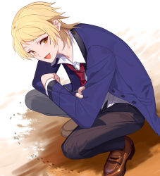 Rule 34 | 1boy, :d, ant, black pants, blazer, blonde hair, blue jacket, blush, bug, collared shirt, crossed arms, dress shirt, dutch angle, earrings, from above, from side, habataki academy school uniform, honda iku, insect, jacket, jewelry, loafers, long sleeves, looking at viewer, male focus, necktie, open mouth, orange eyes, pants, red necktie, school uniform, shirt, shoes, short hair, smile, solo, squatting, stud earrings, tenryou sena, tokimeki memorial, tokimeki memorial girl&#039;s side, tokimeki memorial girl&#039;s side 4th heart, white shirt