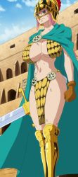 Rule 34 | 1girl, absurdres, armor, bikini armor, breasts, cape, dressrosa, female focus, gladiator, gloves, helmet, highres, huge breasts, navel, one piece, pink hair, rebecca (one piece), screencap, solo, stitched, sword, third-party edit, weapon