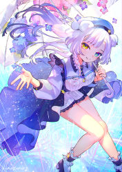 Rule 34 | 1girl, animal ear fluff, animal ears, bare legs, bear ears, black footwear, blue background, braid, breasts, cape, commentary request, dress, flower, frilled socks, frills, gradient background, gradient hair, green eyes, heterochromia, highres, hinasumire, holding, holding umbrella, hydrangea, indie virtual youtuber, looking at viewer, medium breasts, medium hair, multicolored hair, non (vtuber), outdoors, outstretched hand, pink flower, purple cape, purple flower, purple hair, rain, ripples, side braid, socks, solo, space print, starry sky print, umbrella, virtual youtuber, white dress, white hair, white socks, yellow background, yellow eyes