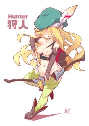 Rule 34 | 1girl, arrow (projectile), beret, blonde hair, boots, bow (weapon), breasts, bridal gauntlets, brown footwear, facing viewer, full body, green hat, green thighhighs, groin, hair over eyes, hat, hat feather, holding, holding arrow, holding bow (weapon), holding weapon, long hair, medium breasts, navel, nipples, nude, original, parted lips, pointy ears, reku, reverse outfit, ribbed legwear, shadow, signature, solo, standing, standing on one leg, thighhighs, very long hair, weapon, white background