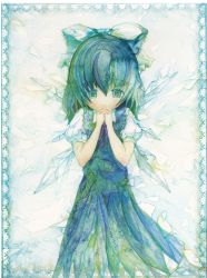 Rule 34 | 1girl, bad id, bad pixiv id, blue eyes, blue hair, bow, cirno, dress, hair bow, koneneko, matching hair/eyes, own hands clasped, own hands together, painting (medium), short hair, solo, touhou, traditional media, watercolor (medium), wings