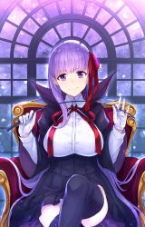 Rule 34 | 1girl, armchair, bb (fate), boots, breasts, chair, collared shirt, crossed legs, e (eokiba), fate/extra, fate/extra ccc, fate (series), hair flowing over, hair ribbon, high-waist skirt, highres, holding, holding riding crop, holding whip, large breasts, long hair, pleated skirt, purple eyes, purple hair, red ribbon, ribbon, riding crop, shirt, sitting, skirt, smile, solo, thigh boots, underbust, very long hair, window