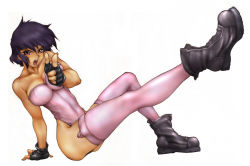 Rule 34 | 1girl, arm support, bad id, bad pixiv id, bare shoulders, boots, breasts, collarbone, fingerless gloves, full body, ghost in the shell, gloves, highres, kusanagi motoko, large breasts, legs, leotard, open mouth, parody, pointing, purple eyes, purple hair, short hair, simple background, sitting, solo, style parody, thighhighs, toyomaru