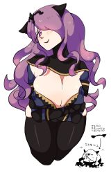 Rule 34 | 1girl, bad id, bad pixiv id, black thighhighs, bowsow, breasts, camilla (fire emblem), cleavage, crossed arms, female focus, fire emblem, fire emblem fates, hair over one eye, large breasts, looking at viewer, naughty face, nintendo, purple eyes, purple hair, simple background, smile, solo, thighhighs, translation request