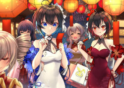 Rule 34 | 5girls, ahoge, anger vein, angry, bag, bare shoulders, blue eyes, blue hair, bob cut, breasts, bronya zaychik, china dress, chinese clothes, chinese new year, cleavage, closed mouth, cloud (cloud-v-), dango, dress, drill hair, dual persona, fireworks, flower, food, grey hair, hair flower, hair ornament, holding, holding food, holding pen, honkai (series), honkai impact 3rd, kiana kaslana, lantern, multiple girls, night, night sky, open mouth, pen, pout, purple hair, raiden mei, red dress, red eyes, red flower, red hair, seele (alter ego), seele vollerei, seele vollerei (stygian nymph), shopping bag, short hair, sky, sleeveless, sleeveless dress, smile, twin drills, wagashi, white dress, white flower, white hair