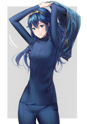 Rule 34 | 1girl, ameno (a meno0), arms up, blue eyes, blue hair, blue pants, blue sweater, blush, closed mouth, fingernails, fire emblem, fire emblem awakening, hair between eyes, highres, lips, long hair, long sleeves, looking at viewer, lucina (fire emblem), nintendo, pants, pink lips, ribbed sweater, simple background, smile, solo, sweater, tiara, turtleneck, turtleneck sweater, undressing