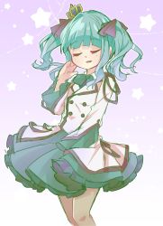 Rule 34 | 1girl, :d, aiguillette, aqua hair, arm at side, black ribbon, blunt bangs, bow, bowtie, buttons, closed eyes, cowboy shot, crown, frilled skirt, frills, futaba sana, gradient background, green bow, green bowtie, green skirt, hair ribbon, hand up, highres, jacket, lapels, layered sleeves, long sleeves, magia record: mahou shoujo madoka magica gaiden, mahou shoujo madoka magica, medium hair, megitti, mini crown, miniskirt, open mouth, pantyhose, parted lips, purple background, ribbon, sidelocks, simple background, skirt, smile, solo, star (symbol), twintails, wavy hair, white jacket, wide sleeves
