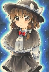 Rule 34 | black capelet, black hat, black skirt, bow, bowtie, brown eyes, brown hair, capelet, closed mouth, collared shirt, fedora, hair bow, happy, hat, hat bow, long sleeves, looking at viewer, maa (forsythia1729), marker (medium), medium hair, red bow, red bowtie, shirt, skirt, smile, touhou, traditional media, usami renko, white bow, white shirt