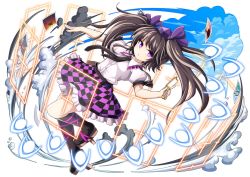 Rule 34 | 1girl, black socks, brown hair, cellphone, checkered clothes, checkered skirt, danmaku, full body, geta, hair ribbon, hat, himekaidou hatate, kneehighs, long hair, looking at viewer, necktie, nogisaka kushio, open mouth, outstretched arm, phone, photo (object), puffy sleeves, purple eyes, ribbon, shirt, short sleeves, skirt, socks, solo, tengu-geta, tokin hat, touhou, twintails, white background