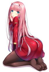 Rule 34 | 10s, 1girl, ass, between legs, blue eyes, blunt bangs, blush, brown pantyhose, closed mouth, darling in the franxx, dress, feet, full body, hairband, hand between legs, hand on own cheek, hand on own face, horns, kneeling, leaning forward, long hair, no shoes, pantyhose, pink hair, red dress, shiny clothes, simple background, soles, solo, toes, very long hair, white background, white hairband, yoruda, zero two (darling in the franxx)