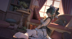Rule 34 | 1girl, :3, animal ears, apron, aqua eyes, aqua hair, artist name, azur lane, back bow, bare shoulders, book, bookshelf, bow, breasts, cat, cat ears, character name, cheshire (azur lane), couch, detached sleeves, dress, fake animal ears, frilled hairband, frilled ribbon, frills, from side, full body, grey cat, grey hair, hairband, highres, indoors, lace, lace-trimmed legwear, lace trim, lamp, large breasts, long ribbon, looking at viewer, maid, maid headdress, medium hair, multicolored hair, pillow, puffy detached sleeves, puffy sleeves, purple apron, ribbon, sitting, soles, solo, streaked hair, thighhighs, two-tone hair, white dress, white thighhighs, window, wrist cuffs, yellow eyes, yuma (594986561)