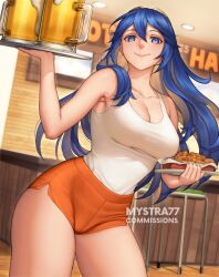 Rule 34 | 1girl, alcohol, alternate costume, armpit crease, artist name, bar stool, beer, beer mug, blue eyes, blue hair, breasts, chicken wing, collarbone, commentary, commission, cup, english commentary, fire emblem, fire emblem awakening, holding, holding plate, holding tray, hooters, indoors, long hair, looking at viewer, lucina (fire emblem), medium breasts, mug, mystra77, nintendo, orange shorts, plate, shirt tucked in, short shorts, shorts, solo, stool, tank top, thighs, tray, waitress, white tank top