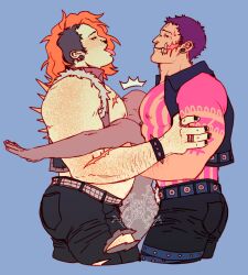 Rule 34 | 3boys, arm hair, arm tattoo, ass, bara, bare pectorals, boy sandwich, charlotte katakuri, chest tattoo, cropped legs, denim, earrings, fat, fat man, from side, highres, jeans, jewelry, large pectorals, male focus, maren (mewtides), medium hair, mewtides, multiple boys, muscular, muscular male, navel hair, nipples, one piece, open clothes, open vest, original, pants, pectorals, sandwiched, short hair, sideburns, size difference, sleeveless, stud earrings, tattoo, tongue, tongue out, tusks, vest, yaoi