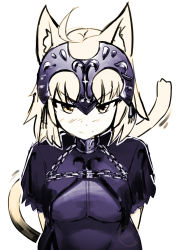 Rule 34 | 1girl, ahoge, animal ears, arms behind back, artist name, blonde hair, blush, cat ears, cat tail, cowfee, fate/grand order, fate (series), furrowed brow, headpiece, highres, jeanne d&#039;arc (fate), jeanne d&#039;arc alter (avenger) (fate), jeanne d&#039;arc alter (fate), kemonomimi mode, looking at viewer, pout, short hair, short sleeves, simple background, solo, tail, upper body, white background, yellow eyes