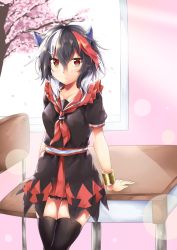Rule 34 | 1girl, absurdres, adapted costume, ahoge, akiteru (akiteru98), arm support, black dress, black hair, black thighhighs, blush, bracelet, breasts, chair, cherry blossoms, collarbone, commentary request, contemporary, cowboy shot, desk, dress, frilled shirt collar, frills, grey horns, hair between eyes, highres, horns, indoors, jewelry, kijin seija, lens flare, looking at viewer, medium breasts, miniskirt, multicolored hair, neckerchief, parted lips, petals, puffy short sleeves, puffy sleeves, red eyes, red hair, red neckerchief, red sailor collar, red skirt, sailor collar, sailor dress, sash, school chair, school uniform, short hair, short sleeves, skindentation, skirt, solo, standing, streaked hair, thighhighs, thighs, touhou, tree, white hair, white sash, window, zettai ryouiki