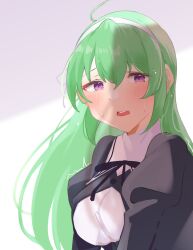 Rule 34 | 2girls, assault lily, black ribbon, blush, breasts, buttons, commentary request, cropped jacket, endou araya, green hair, grey background, hair between eyes, hairband, highres, juliet sleeves, long hair, long sleeves, looking at viewer, medium breasts, multiple girls, natsumiya kuina, neck ribbon, out of frame, parted lips, puffy sleeves, purple eyes, ribbon, school uniform, shirt, solo focus, sweat, tanaka ichi, teeth, twitching, two-tone background, upper body, upper teeth only, wavy mouth, white background, white hairband, white shirt, yurigaoka girls academy school uniform