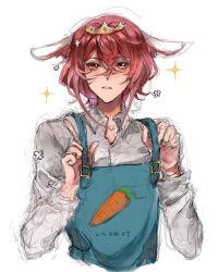 Rule 34 | 1boy, androgynous, animal ears, animification, bishounen, blue overalls, carrot, commentary, english commentary, girly boy, highres, keitsuki akiho, male focus, minecraft youtube, origins smp, overalls, pink hair, rabbit boy, rabbit ears, red eyes, shirt, short hair, sketch, solo, technoblade, technoblade (bunny), white background, white shirt