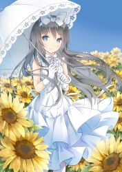 Rule 34 | 1girl, black hair, blue bow, blue eyes, blue sky, bow, breasts, day, dress, field, floating hair, flower, flower field, gloves, hair bow, hairband, holding, holding umbrella, long hair, looking at viewer, original, outdoors, ribbon, sky, sleeveless, sleeveless dress, small breasts, smile, solo, standing, sunflower, sunflower field, umbrella, very long hair, wataame27, white dress, white gloves, white ribbon, white umbrella, yellow flower