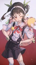 Rule 34 | 1girl, absurdres, backpack, bag, bakemonogatari, bandaid, black hair, blush, bow, bowtie, bracelet, cherry print, commentary request, dutch angle, fang, feet out of frame, food print, green ribbon, hachikuji mayoi, hair ornament, hair ribbon, hands on own hips, headband, heart, highres, hxxg, jewelry, looking at viewer, medium hair, monogatari (series), one eye closed, red bow, red bowtie, red eyes, ribbon, school uniform, simple background, skin fang, smile, solo, standing, star (symbol), stuffed animal, stuffed toy, thighhighs, twintails, white headband, white thighhighs, zettai ryouiki