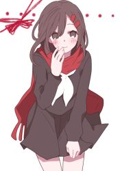 Rule 34 | 1girl, black sailor collar, black serafuku, black skirt, blush, brown eyes, brown hair, closed mouth, commentary, dotted line, enpera, hair between eyes, hair ornament, hairclip, hand on own thigh, hand to own mouth, kagerou project, long hair, long sleeves, looking at viewer, mekakucity actors, neckerchief, pleated skirt, red ribbon, red scarf, ribbon, sailor collar, scarf, school uniform, serafuku, simple background, skirt, smile, solo, tateyama ayano, white background, white neckerchief, woodegi