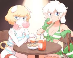 Rule 34 | 2019, 2girls, alcohol, animal ears, artist name, blonde hair, blue eyes, bob cut, bone, bottle, bowl, breasts, blowing bubbles, chewing gum, cleavage, colo (nagrolaz), colored eyelashes, cup, dog ears, dog tail, drinking, drinking glass, female focus, freckles, front-tie top, fur-trimmed shorts, fur trim, furry, furry female, gloves, highres, looking at viewer, multiple girls, original, rum, short hair, shorts, table, tail, white hair, wristband