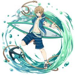 Rule 34 | 1boy, :d, ahoge, blonde hair, blue eyes, blue shorts, collarbone, eugeo, groin, hair between eyes, highres, hood, hood down, hooded jacket, innertube, jacket, male focus, navel, non-web source, official art, open clothes, open jacket, open mouth, outstretched arm, short sleeves, shorts, smile, solo, standing, standing on one leg, striped clothes, striped shorts, surfboard, swim ring, sword art online, transparent background, wristband