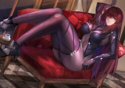 Rule 34 | 1girl, absurdres, bodysuit, breasts, couch, covered navel, fate/grand order, fate (series), hair between eyes, highres, large breasts, long hair, looking at viewer, purple bodysuit, purple hair, red eyes, scathach (fate), solo, yujieai