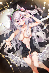 Rule 34 | 1girl, animal ears, arm up, black dress, blurry, blurry background, blush, breasts, cable, clothes pull, collarbone, depth of field, dog ears, dog girl, dog tail, dress, dress pull, gluteal fold, grey hair, hair censor, hair over breasts, looking at viewer, medium breasts, melonbooks, navel, no panties, outstretched arm, parted lips, pillow, purple eyes, satsuki misuzu, solo, tail, thigh gap