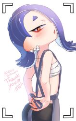 Rule 34 | 1girl, amakusa setoka, apron, arms behind back, blue hair, blush, cephalopod eyes, chest sarashi, commentary request, ear blush, earrings, hair over one eye, highres, jewelry, looking at viewer, milestone celebration, multiple earrings, nintendo, octoling, red eyes, sarashi, shiver (splatoon), signature, solo, splatoon (series), splatoon 3, tentacle hair, thank you, tooth earrings, tying apron, viewfinder