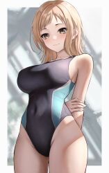 Rule 34 | 1girl, arm behind back, bare arms, bare shoulders, black one-piece swimsuit, blonde hair, breasts, brown eyes, competition swimsuit, covered navel, cowboy shot, highleg, highleg swimsuit, highres, idolmaster, idolmaster shiny colors, large breasts, long hair, looking at viewer, marinesnow, one-piece swimsuit, sakuragi mano, smile, solo, swimsuit, thighs