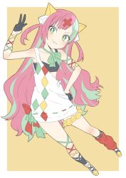 Rule 34 | 1girl, absurdres, arm up, bad id, bad twitter id, collarbone, donguri suzume, flat chest, full body, green eyes, hair ornament, highres, long hair, looking at viewer, multicolored hair, pink hair, pinky pop hepburn, ribbon, shirt, shoes, simple background, solo, the moon studio, v, virtual youtuber