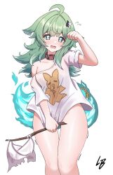 Rule 34 | 1girl, absurdres, ahoge, animal ears, arm up, blush, bottomless, choker, commentary, covering crotch, covering privates, fiery tail, flag, flying sweatdrops, fox ears, fox girl, green eyes, green hair, highres, holding, holding flag, honkai: star rail, honkai (series), huohuo (honkai: star rail), long hair, loob, looking at viewer, naked shirt, open mouth, paw-shaped pupils, shirt, shirt tug, short sleeves, signature, simple background, single bare shoulder, solo, symbol-shaped pupils, tail, trembling, white background, white flag, white shirt, yin yang hair ornament