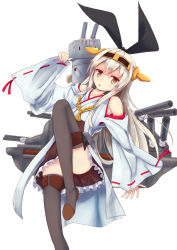 Rule 34 | 1girl, blonde hair, blush, boots, cosplay, detached sleeves, hairband, highres, japanese clothes, kantai collection, kongou (kancolle), kongou (kancolle) (cosplay), konkito, long hair, looking at viewer, nontraditional miko, personification, rensouhou-chan, ribbon-trimmed sleeves, ribbon trim, shimakaze (kancolle), simple background, skirt, solo, thigh boots, thighhighs, white background, wide sleeves