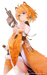 Rule 34 | !, !!, 1girl, ahoge, andychen, animal ear fluff, animal ears, blue eyes, breasts, closed mouth, detached sleeves, floral print, gun, hair ornament, highres, holding, holding gun, holding weapon, large breasts, long sleeves, looking at viewer, meridian project, mole, mole under eye, orange hair, short hair, sideboob, simple background, solo, standing, tail, thighhighs, virtual youtuber, weapon, white background, white thighhighs, yuzumi (meridian project)