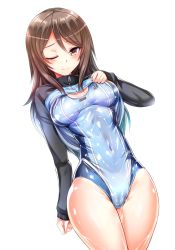 Rule 34 | 10s, 1girl, blue one-piece swimsuit, breasts, brown eyes, brown hair, clothes lift, competition swimsuit, covered navel, cowboy shot, girls und panzer, highres, jacket, jacket lift, long hair, long sleeves, looking at viewer, medium breasts, mika (girls und panzer), one-piece swimsuit, one eye closed, raglan sleeves, silly (marinkomoe), simple background, solo, swimsuit, white background