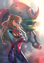 Rule 34 | &gt;:), 1girl, backlighting, blue eyes, blurry, boyaking, breasts, brown hair, closed mouth, colored eyelashes, commentary request, covered navel, cowboy shot, crossed arms, debris, depth of field, eva 02, evangelion: 3.0 you can (not) redo, eyepatch, from side, glowing, hair between eyes, hair ornament, interface headset, legs apart, lens flare, light trail, long hair, mecha, medium breasts, neon genesis evangelion, one eye covered, plugsuit, rebuild of evangelion, red sweater, robot, serious, skin tight, smile, smoke, solo, souryuu asuka langley, standing, sweater