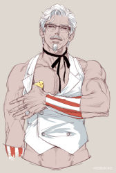 Rule 34 | 1boy, animal, animal on chest, bara, bare arms, bird, chick, colonel sanders, cropped torso, facial hair, glasses, goatee, i reibun, kfc, male focus, mature male, midriff peek, muscular, muscular male, mustache, old, old man, pectoral cleavage, pectorals, short hair, sideburns, smile, solo, vest, white hair, white vest