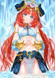Rule 34 | 1girl, absurdres, armlet, blue skirt, blush, bracer, breasts, brooch, fake horns, genshin impact, green eyes, groin, hair ornament, harem outfit, highres, horns, jewelry, kou mashiro, large breasts, long hair, long sleeves, looking at viewer, low twintails, navel, neck ring, nilou (genshin impact), no panties, pelvic curtain, puffy long sleeves, puffy sleeves, red hair, sash, sidelocks, skirt, smile, solo, thighlet, thighs, twintails, veil, wading, water, waterfall, wet