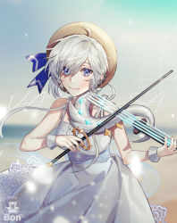 Rule 34 | 1girl, ahoge, animal print, bare shoulders, bear print, blue eyes, blue ribbon, blurry, blurry background, bon (bony 53), breasts, commentary request, copyright request, depth of field, dress, grey hair, hat, holding, holding instrument, holding violin, instrument, large breasts, long hair, looking at viewer, music, playing instrument, ribbon, short hair, sleeveless, sleeveless dress, smile, solo, violin, white dress, white ribbon