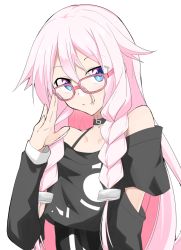 Rule 34 | 1girl, adjusting eyewear, bare shoulders, bespectacled, black shirt, blue eyes, cevio, choker, commentary, elbow cutout, glasses, hair flaps, highres, ia (vocaloid), long hair, looking at viewer, pink-framed eyewear, pink hair, sena kizahashi, shirt, smile, solo, spaghetti strap, upper body, very long hair, vocaloid, white background
