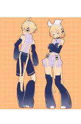 Rule 34 | 1boy, 1girl, bare shoulders, belt, black legwear, black shorts, black sleeves, blonde hair, blue eyes, bow, closed eyes, clothing cutout, contrapposto, crossed arms, d futagosaikyou, detached sleeves, from behind, full body, grey shirt, grid background, hair bow, hair ornament, hairclip, headphones, highres, kagamine len, kagamine len (append), kagamine rin, kagamine rin (append), leg warmers, looking away, looking to the side, navel, open mouth, orange background, pendant choker, shirt, short hair, short ponytail, short shorts, shorts, sleeveless, sleeveless shirt, smile, spiked hair, standing, stomach cutout, swept bangs, treble clef, vocaloid, vocaloid append, white bow, white shorts