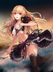 Rule 34 | 1girl, black skirt, black thighhighs, blonde hair, breasts, crop top, dutch angle, frilled skirt, frills, jname, long hair, looking at viewer, medium breasts, midriff, navel, open mouth, original, outdoors, red eyes, short sleeves, skirt, solo, stomach, thighhighs, zettai ryouiki